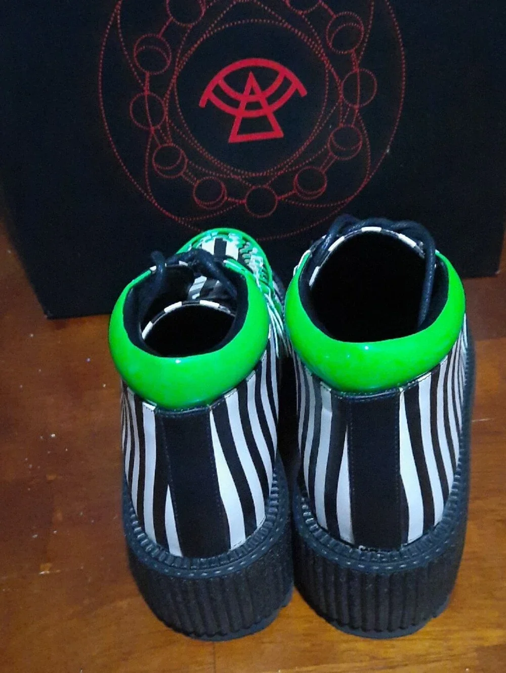 Womens Platform Creeper Shoes in Black White Stripe with Neon Green Trim